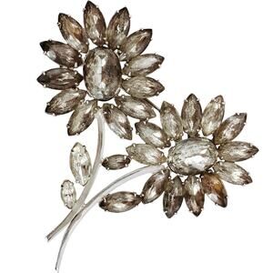 VTG Large 50s Brooch Rhinestone Double Daisy Flower Silver Tone Mid Century Pin